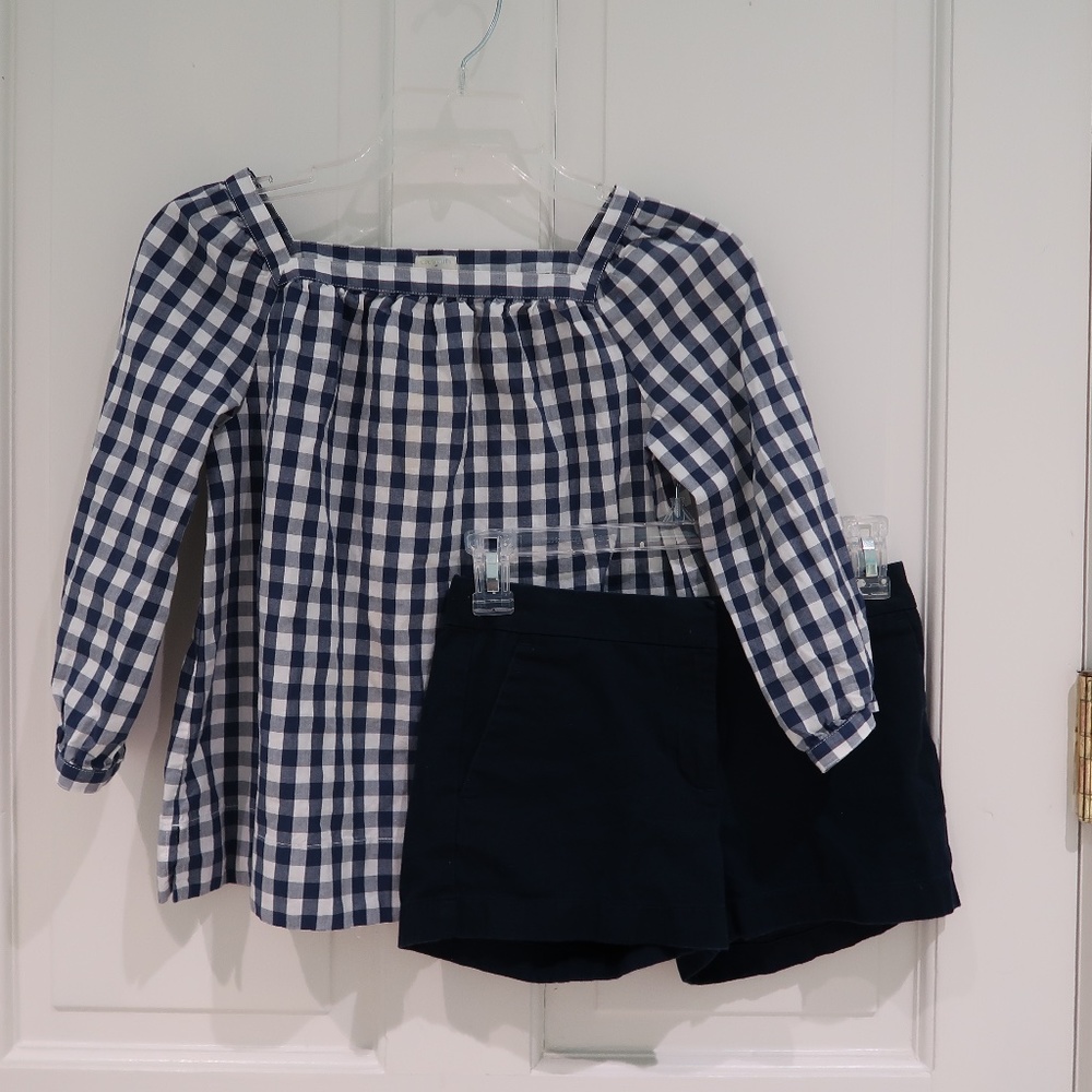 J Crew Checkered Top and Navy Shorts